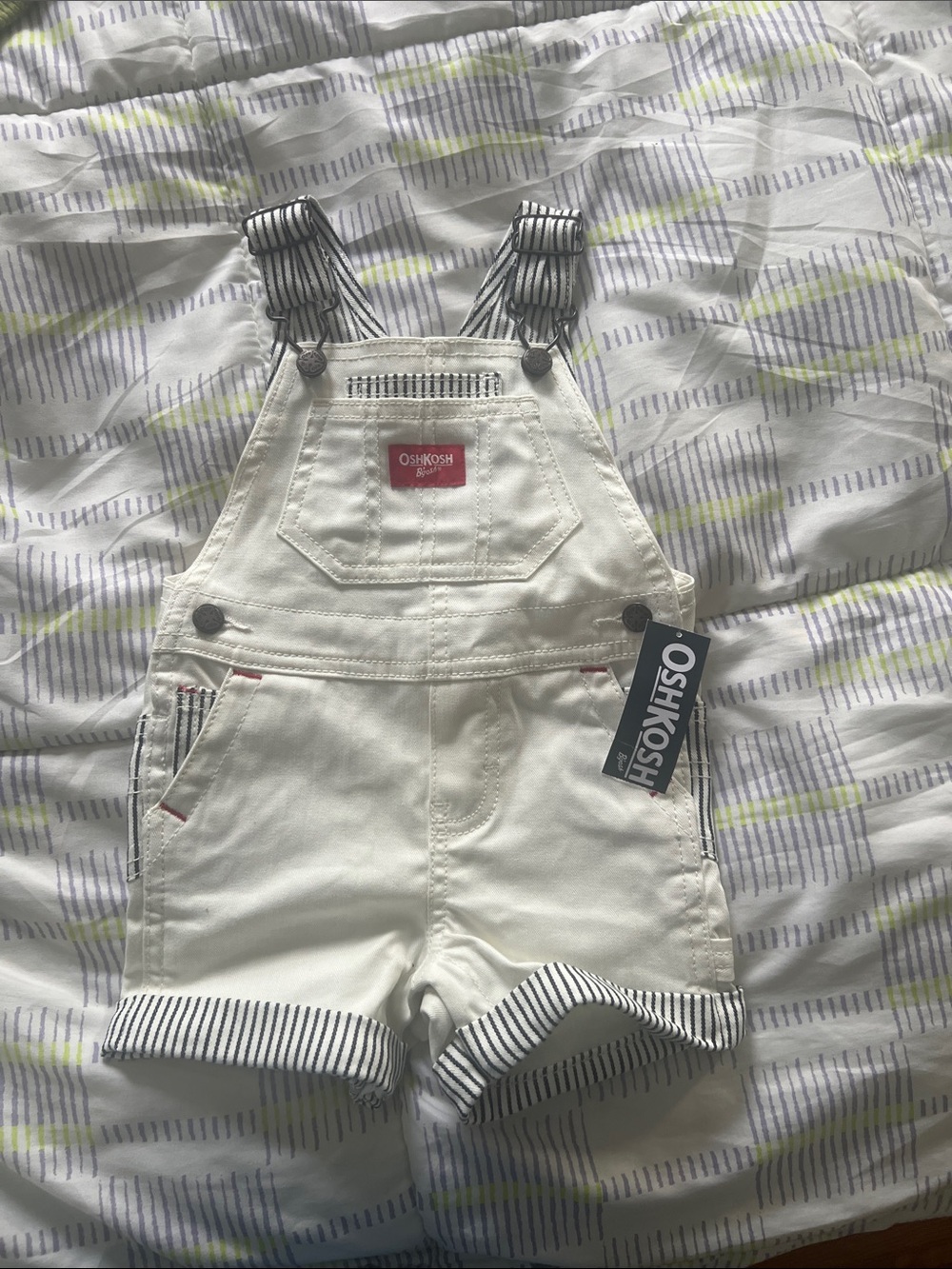 OshKosh B'gosh Cream Short Overalls with Navy Stripe Trim
